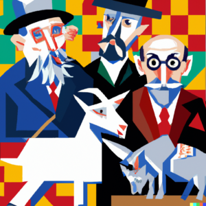 DALL·E 2023 11 25 12.36.02 Cubist Painting Of Marx Hayek Milton Friedman And A Goat With A Crown 300x300.png